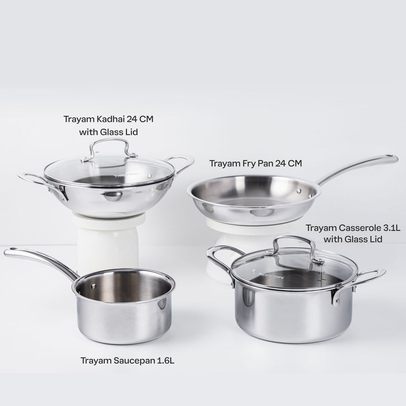 BUY TRAYAM KADHAI 24CM W/ LID + TRAYAM FRYPAN 24 CM + TRAYAM CASSEROLE 3.1 L W/ LID & GET TRAYAM SAUCEPAN 1.6 L COMPLIMENTARY