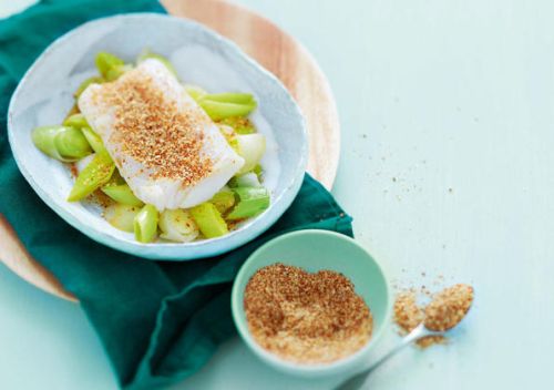 Leek and Cod Fish with Gomasio and Sesame Oil